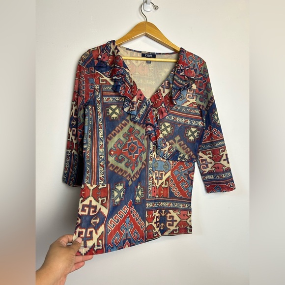 Vintage y2K Chaps Top Blouse XL Stretch Artsy Long Sleeve Carpenter bee fabric - Picture 3 of 12